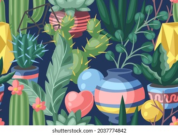 Seamless pattern with cactuses and succulents. Decorative spiky flowering cacti and plants in flowerpots.