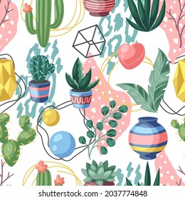 Seamless pattern with cactuses and succulents. Decorative spiky flowering cacti and plants in flowerpots.