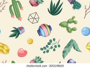 Seamless pattern with cactuses and succulents. Decorative spiky flowering cacti and plants in flowerpots.