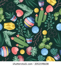 Seamless pattern with cactuses and succulents. Decorative spiky flowering cacti and plants in flowerpots.