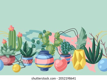 Seamless pattern with cactuses and succulents. Decorative spiky flowering cacti and plants in flowerpots.