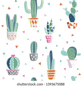 Seamless pattern with cactuses and succulents elements. Vintage vector botanical illustration in watercolor style. Prickly cute green cactuses in cute flowerpots. Hand drawn cactus for design. Vector