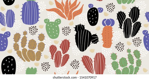 Seamless pattern with cactuses, succulents, leaves and polka dots in scandinavian style. Perfect for textile, wallpaper for kids. Scandinavian plants background in pastel colors