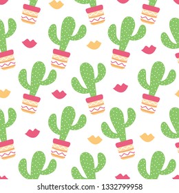 Seamless pattern of Cactuses succulents with nice pot and lips. Editable elements, icons for cloths, textile, cute print, home garden, landscape. Cinco de Mayo Mexican. Vector illustration