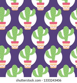 Seamless pattern of Cactuses succulents with nice pot in flat style. Editable elements, icons for cloths, textile, cute print, home garden, landscape design. Cinco de Mayo Mexican. Vector illustration