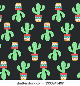 Seamless pattern of Cactuses succulents with nice pot in flat style. Editable elements, icons for cloths, textile, cute print, home garden, landscape design. Cinco de Mayo Mexican. Vector illustration