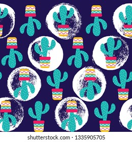 Seamless pattern of Cactuses succulents with nice pot and brush blots. Editable elements, icons for cloths, textile, cute print, home garden, landscape. Cinco de Mayo Mexican. Vector illustration