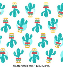 Seamless pattern of Cactuses succulents with nice pot and brush blots. Editable elements, icons for cloths, textile, cute print, home garden, fashion. Cinco de Mayo Mexican. Vector illustration