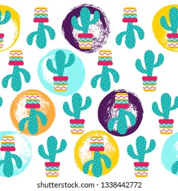 Seamless pattern of Cactuses succulents with nice pot and brush blots. Editable elements, icons for cloths, textile, cute print, home garden, landscape. Cinco de Mayo Mexican. Vector illustration