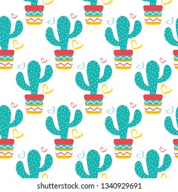 Seamless pattern of Cactuses succulents with nice pot and brush hearts. Editable elements, icons for cloths, textile, cute print, home garden, landscape. Cinco de Mayo Mexican. Vector illustration