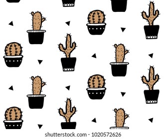 Seamless pattern with cactuses, succulents and triangles. Vector hand drawn illustration.