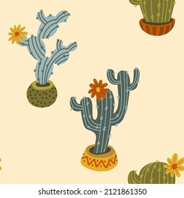 Seamless pattern of cactuses. Vector illustration. Mixican theme.