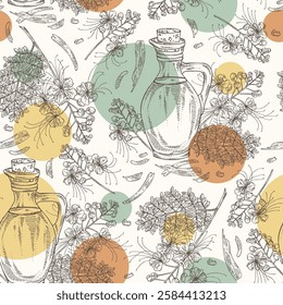 Seamless pattern with caesalpinia: caesalpinia plant, leaves, caesalpinia flowers, bark and bottle of caesalpinia oil. Vector hand drawn illustration.