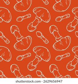 Padrão contínuo com cogumelos Cesars em estilo de arte de linha. Design de outono para papel de embrulho, papel de parede, têxtil em um fundo vermelho.