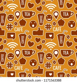 Seamless pattern of cafe. Coffee tea and dessert symbols. Vector illustration of stickers isolated on a brown background.