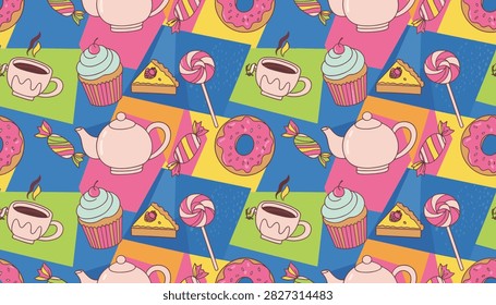 Seamless pattern of cafe items including teapots, cupcakes, coffee cups, donuts, and lollipops on a colorful geometric background.
