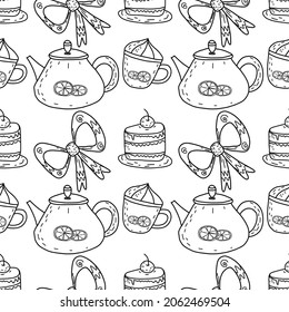 Seamless pattern with for a cafe menu: a teapot, a bow, a cup, a pie, lemon slices. Doodle.