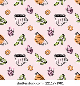 Seamless pattern for cafe or restaurant. Tea ceremony. Set of doodle illustrations.