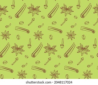 Seamless pattern for cafe wall, cookbook, spicy ingredients for mulled wine cinnamon anise cloves coffee beans outline sketch, Background for Christmas eve, x-mas mood