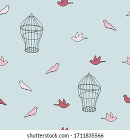 seamless pattern cage and birds Stock illustration, vector, hand drawing, design element for printing, scrapbooking, postcard
