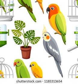 Seamless pattern. Cage with birds, water drinker and flower pot. Cartoon style icons. Flat vector illustration on white background.