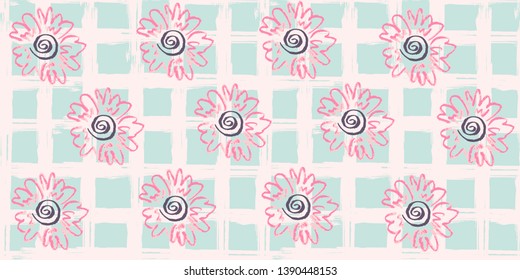 Seamless pattern. Cage, squares, plaid, polo. Vector abstract hand drawing with stripes of acrylic paints and brushes. Geometric texture, background. Flowers