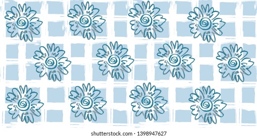 Seamless pattern. Cage, squares, plaid, polo. Vector abstract hand drawing with stripes of acrylic paints and brushes. Geometric texture, background, textile. Flowers