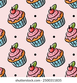 Seamless pattern of cake with berry, in line art style in color, repeating pattern. Design for packaging food, sweets, coffee, cake, ice cream, cupcake, vector