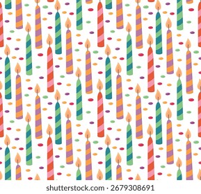 Seamless pattern with cake candles and colorful candies.  Birthday background with bright elements