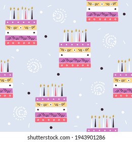 Seamless pattern with cake and candles. Holiday print. Vector hand drawn illustration.