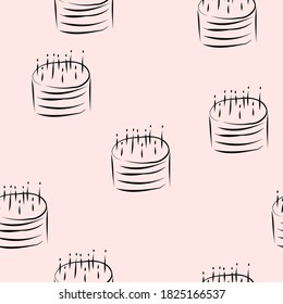 nahtloses Muster mit Kuchen und Kerzen auf rosafarbenem Hintergrund. für Gewebe, Wickelpapier. Banner zum Geburtstag, Tischdecken, Serviettendesign, Jubiläum. Vektor eps10