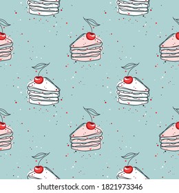 Seamless pattern with cake and cherries. Stylized cake. Wallpaper, modern design of textiles, print, wrapping paper. Vector illustration.
