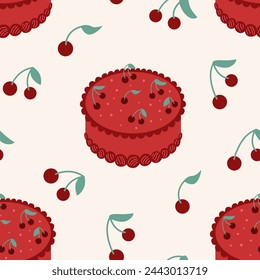 Seamless pattern with cake and cherries. Vector flat background. Holiday birthday concept. Red velvet bento cake