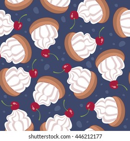 Seamless pattern with cake with cherry on dark blue background