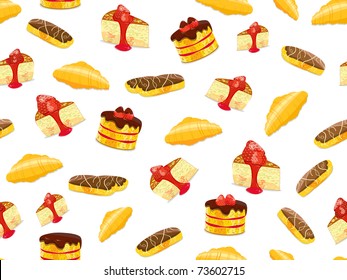 Seamless Pattern with Cake, Croissant and Eclair on white background