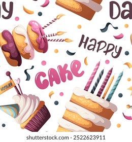 Patrón sin fisuras con pastel, cupcake, donas de cumpleaños. Fiesta de cumpleaños, celebración, felicitaciones, concepto de invitación. Ilustración vectorial.