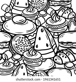 Seamless pattern with cake, cupcake, candy and other desserts with berries. Sweet dessert coloring book. Vector isolated dessert.