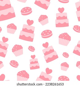 Seamless pattern Cake Cupcake pink with heart Valentine's Day vector illustration