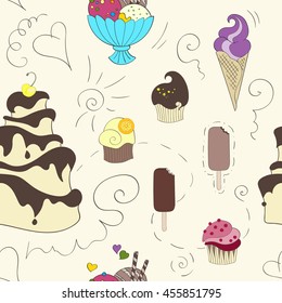 Seamless pattern of cake, cupcakes  (muffins) and ice creams, vector illustration