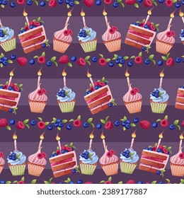 Seamless pattern with a cake decorated with cream, berries, a candle and a sparkler. Birthday muffin background. Festive texture for wrapping paper, cards, fabric, wallpaper.