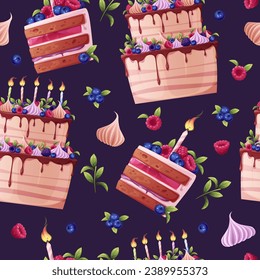 Seamless pattern with a cake decorated with cream, berries, a candle and a sparkler. Background with birthday cake. Festive texture for wrapping paper, cards, fabric, wallpaper.