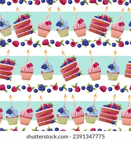 Decoración impecable con un pastel decorado con crema, bayas, una vela y un destello. Fondo del ataúd de cumpleaños. Textura festiva para envolver papel, tarjetas, tela, papel pintado.