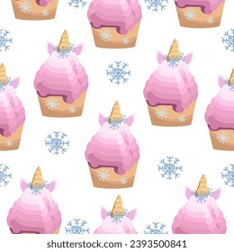 Seamless pattern of cake decorated with unicorn and snowflakes on a white background. Vector pattern for textiles, packaging, paper.
