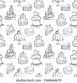 Seamless pattern of cake drawn by the black line in the vector. Tiered birthday cake, piece of cake. Continuous line drawing. Hand drawn. Background for holidays, weddings, birthdays. Doodle