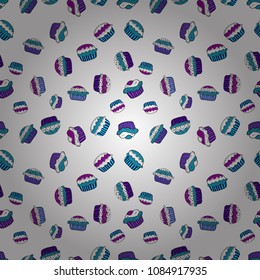 Seamless pattern cake. For food poster design. Vector illustration. Bright birthday pattern on white, blue, violet, black and purple.