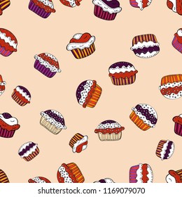 Seamless pattern cake. For food poster design. Vector illustration. Bright birthday pattern on beige, white and red.