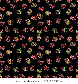 Seamless pattern cake. For food poster design. Vector illustration. Bright birthday pattern on black, white and brown.