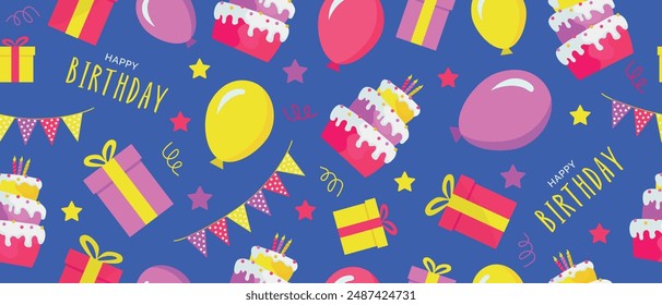 Seamless pattern with cake, gifts and balloons, Happy Birthday, on a blue background. Vector.