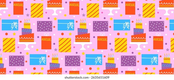 Seamless pattern with cake and gifts. Design for birthday, party. Vector.