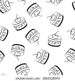 Seamless pattern with cake. Hand drawn sweets doodle. Vector illustration. Perfect for greetings, invitations, manufacture wrapping paper, textile and web design.